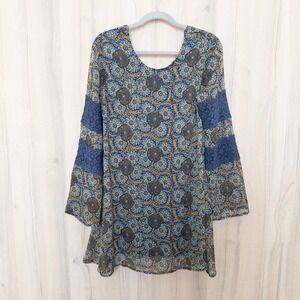 Volcom Womens Floral Dress Size S Blue Crochet Lace Bell Sleeve Boho Festival